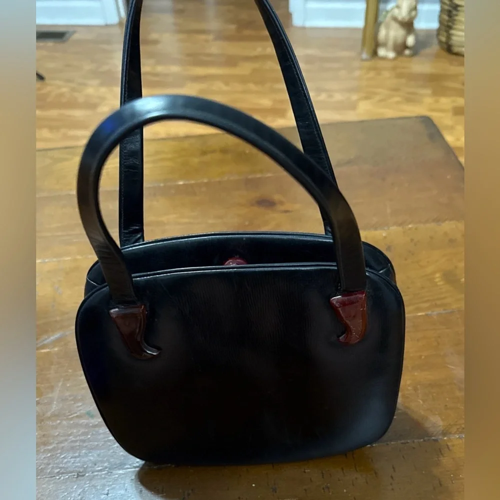 Vintage Holzman Black Leather Small Double Handle Handbag With Bakelight